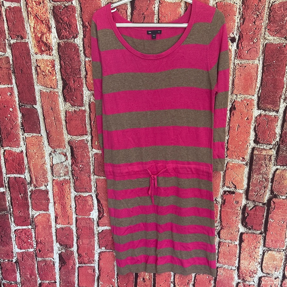 Gap Women's Large Pink Brown Striped Dress with Drawstring